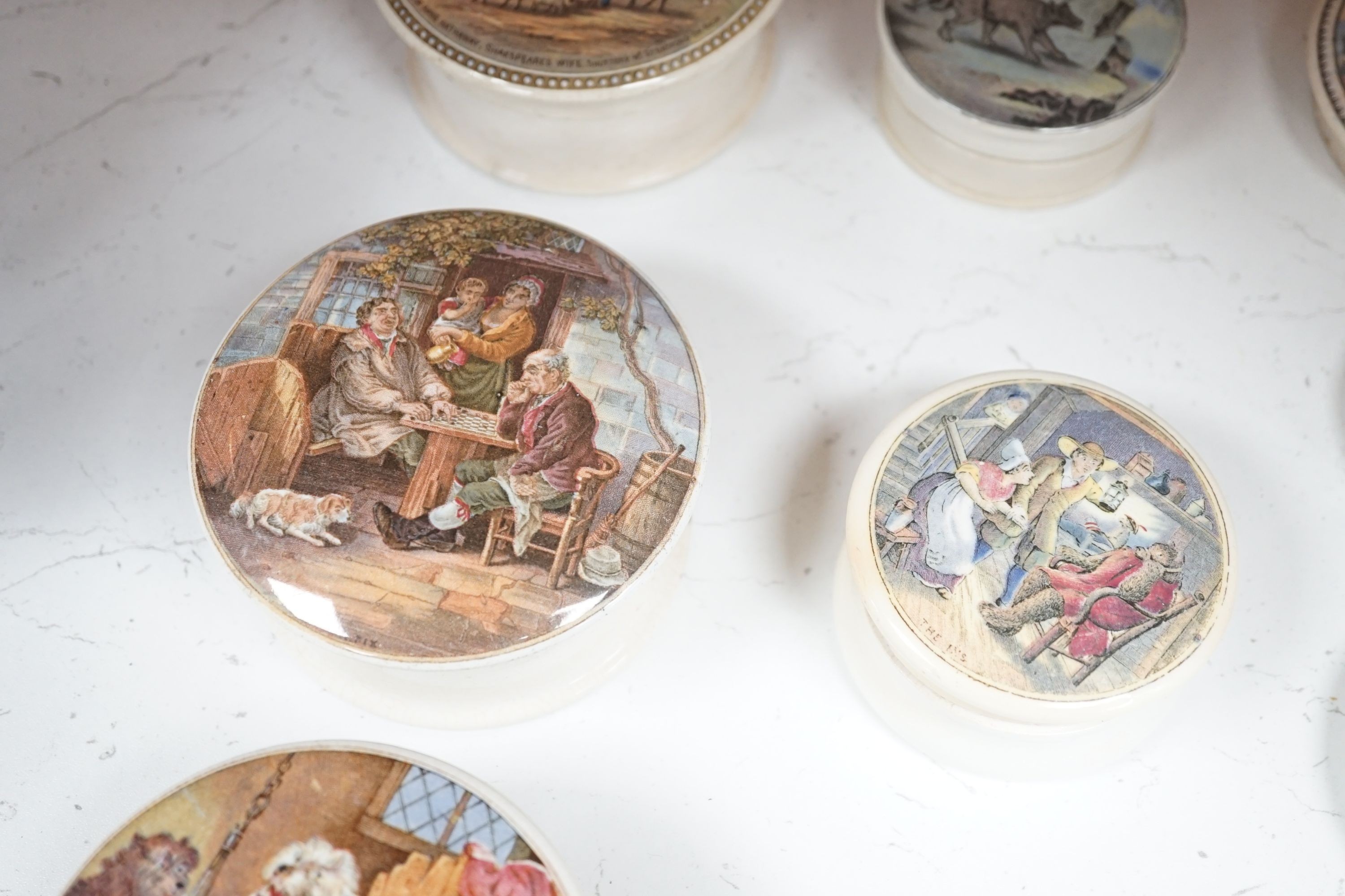 Ten Victorian pot lids including six bear's grease, largest 10.5 cms diameter.